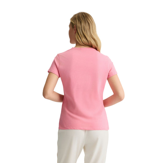 T-shirt Rosa da Donna con scollo a V e stampa modella retro