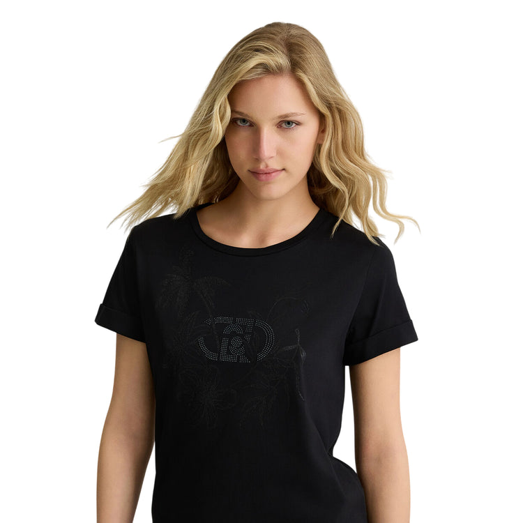 T-shirt Donna in cotone con strass Nero modella frontale ravvicinata
