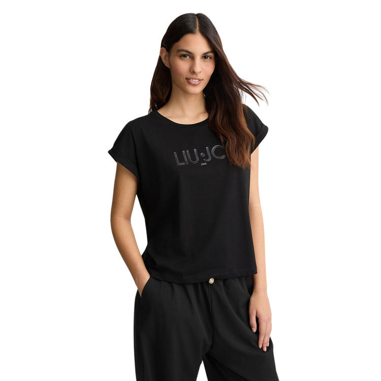 T-shirt Donna in cotone con logo Nero modella frontale