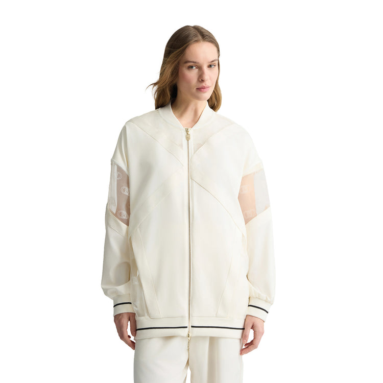 Giacca Donna con zip e dettagli tulle Bianco modella frontale