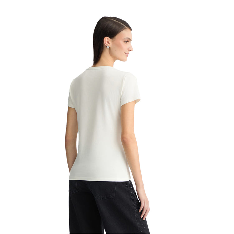 T-shirt Donna con strass applicati sul davanti Bianco modella retro
