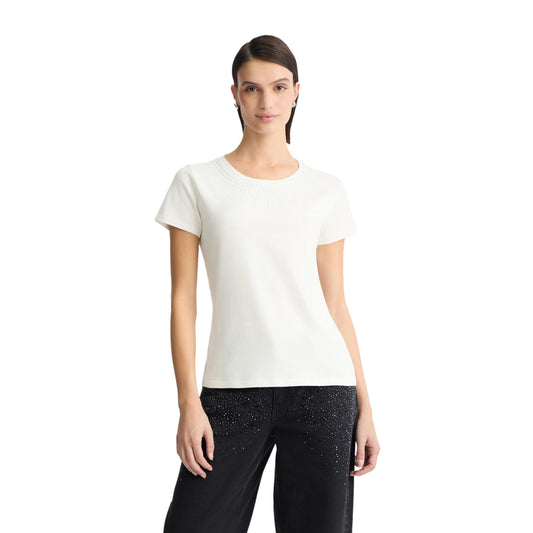 T-shirt Donna con strass applicati sul davanti Bianco modella frontale