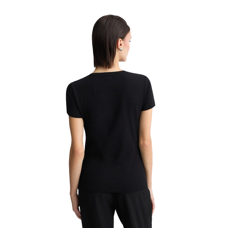 T-shirt Donna con strass applicati sul davanti Nero modella retro