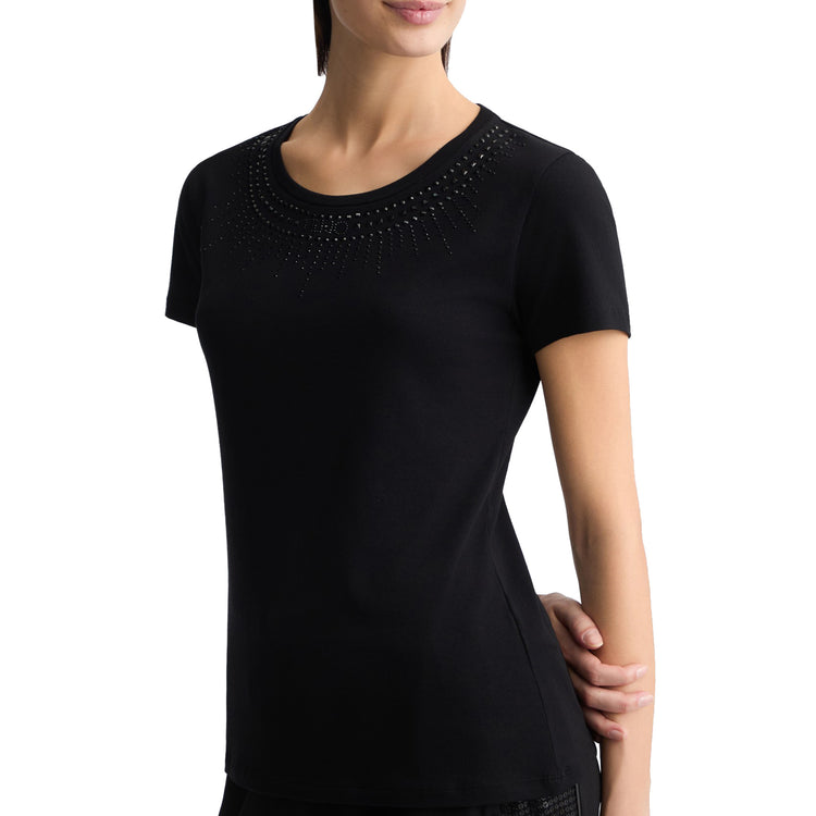T-shirt Donna con strass applicati sul davanti Nero modella