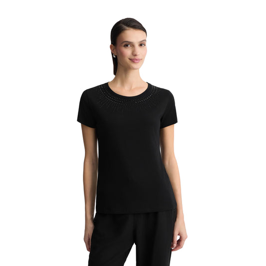 T-shirt Donna con strass applicati sul davanti Nero modella frontale