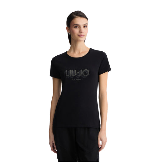 T-shirt Donna slim con logo strass Nero modella frontale