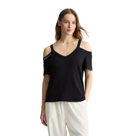 T-shirt Donna con motivo cut out Nero modella frontale