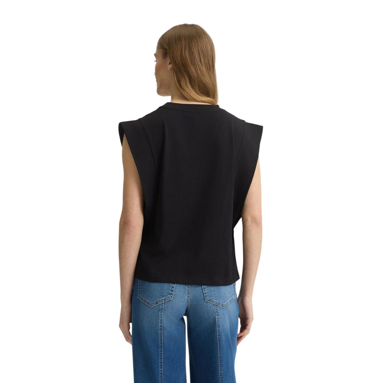 Top Nero da donna con logo strass al fondo modella retro