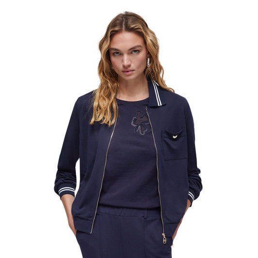 Felpa Donna Blu con colletto a righe e taschino