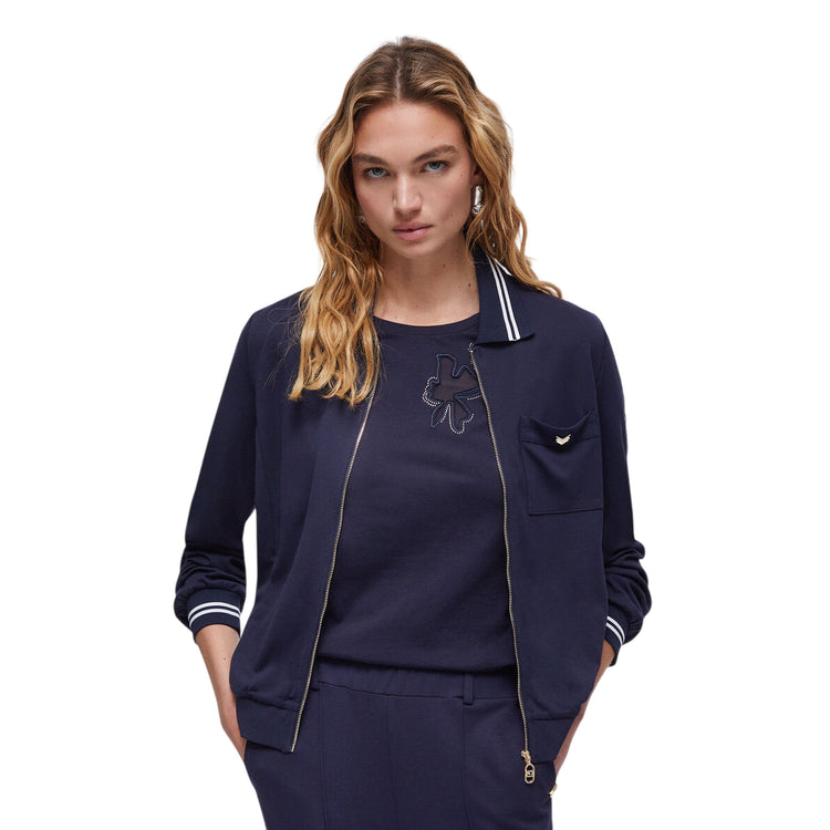 Felpa Donna Blu con colletto a righe e taschino