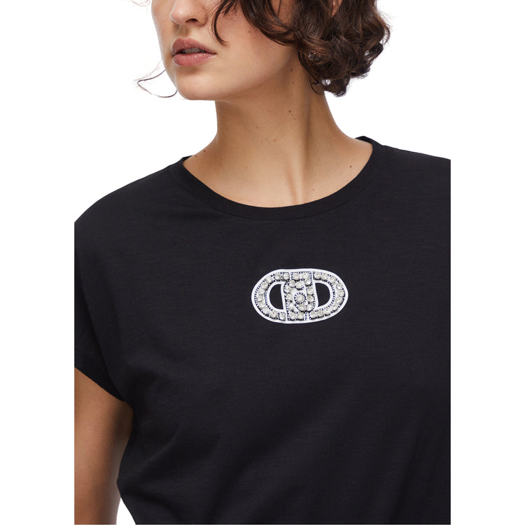 T-shirt da Donna nera con dettagli gioiello dettaglio