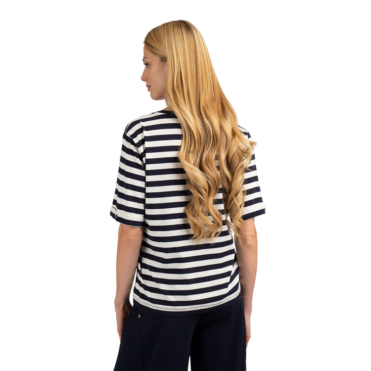 T-shirt a righe blu e bianche con scollo a V