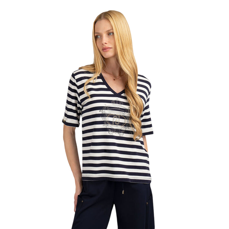 T-shirt a righe blu e bianche con scollo a V