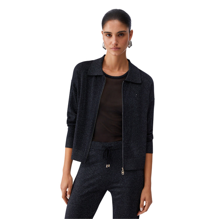Cardigan Donna in lurex con zip modella frontale