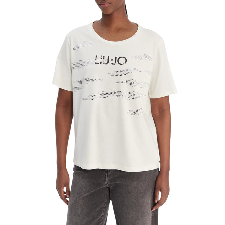 T-shirt Donna Bianca, con strass, a girocollo