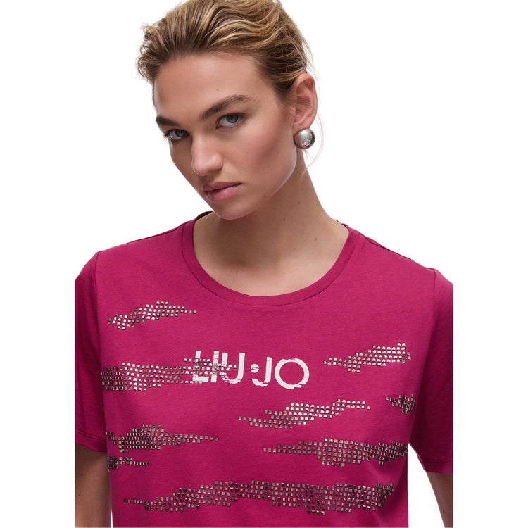 T-shirt Donna con applicazioni strass Fucsia dettaglio