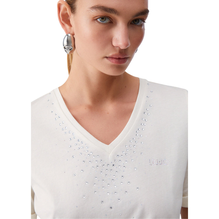 T-shirt Donna con scollo a V e strass dettaglio