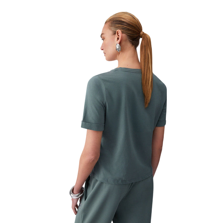 T-shirt verde militare scollo a V con strass