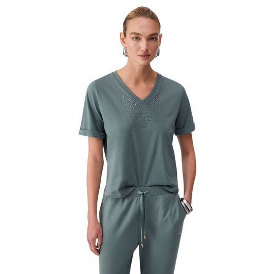 T-shirt verde militare scollo a V con strass