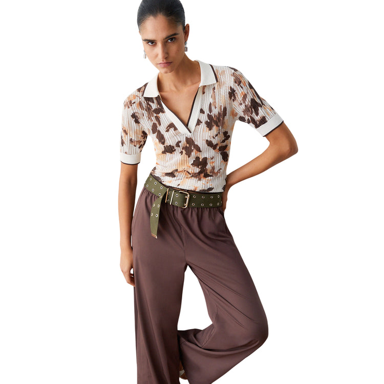 Polo in maglia punzonata marrone e crema