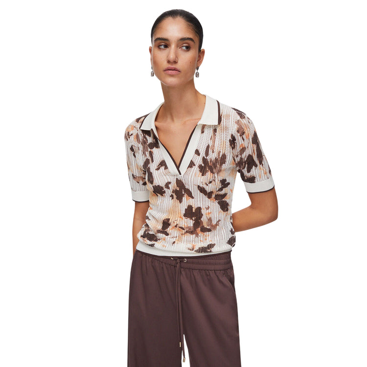 Polo in maglia punzonata marrone e crema