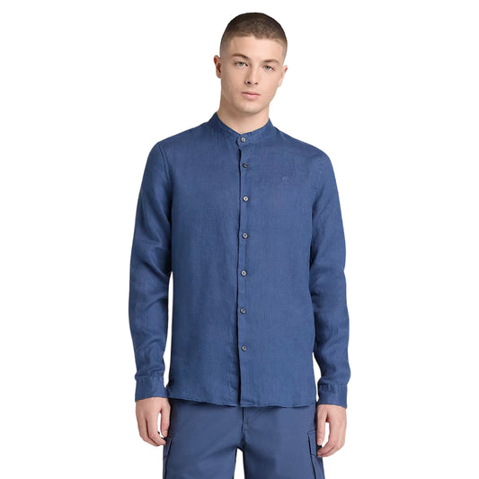 Camicia Uomo in lino Mill Brook colletto coreano Blu modello frontale