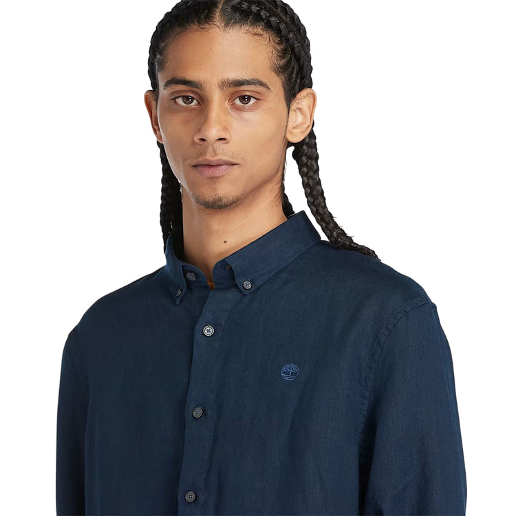 Camicia Uomo in Lino Mill Brook Blu scuro modello frontale ravvicinato