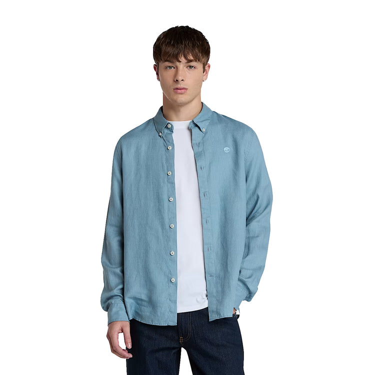 Camicia Uomo in Lino Mill Brook Celeste modello frontale