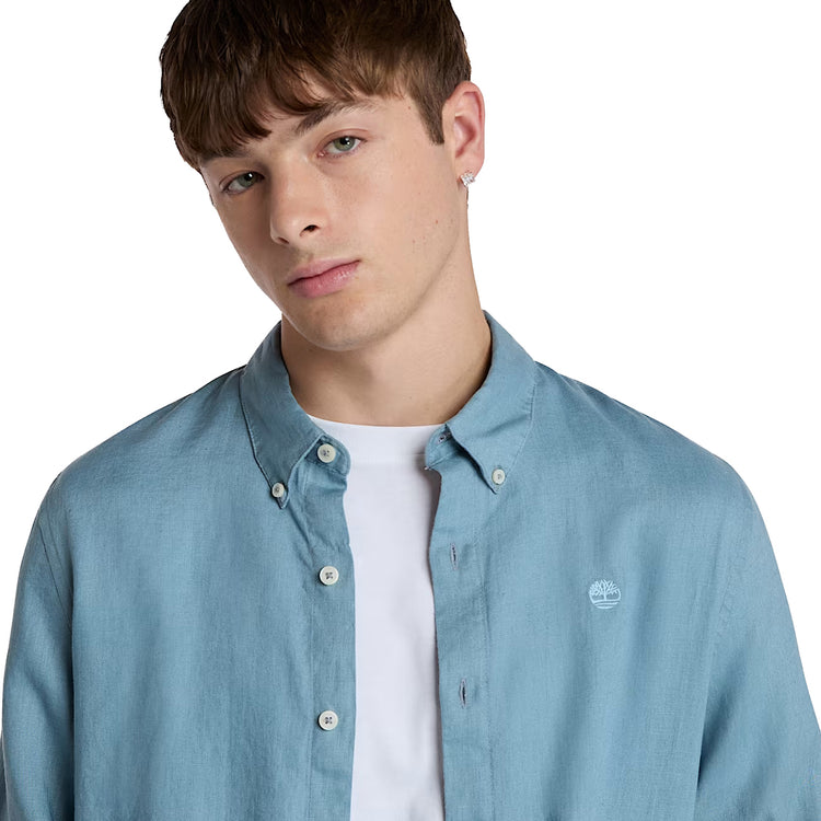 Camicia Uomo in Lino Mill Brook Celeste modello frontale ravvicinato