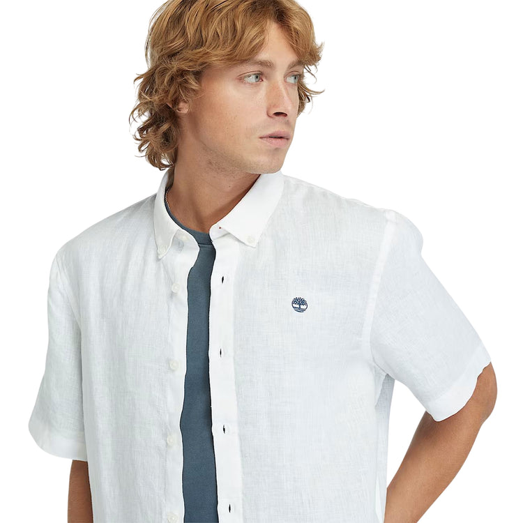Camicia Uomo Maniche Corte in Lino Mill Brook Bianco modello frontale ravvicinato