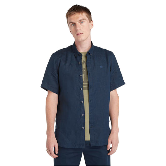 Camicia Uomo Maniche Corte in Lino Mill Brook Blu scuro modello frontale