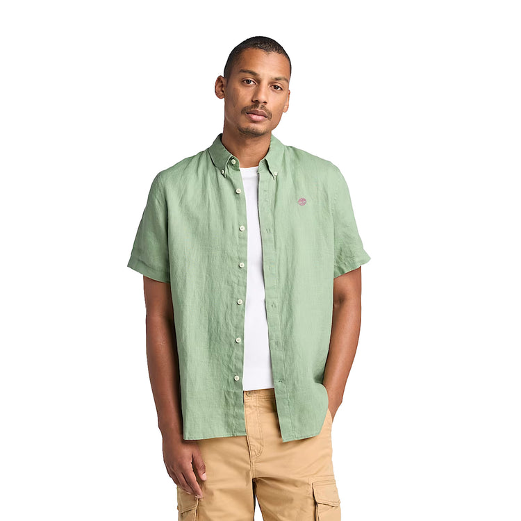 Camicia Uomo Maniche Corte in Lino Mill Brook Verde chiaro modello frontale