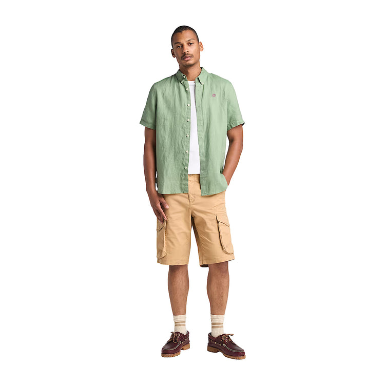 Camicia Uomo Maniche Corte in Lino Mill Brook Verde chiaro modello intero frontale