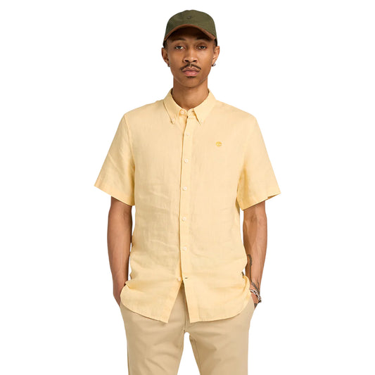 Camicia Uomo in lino a manica corta Giallo modello frontale