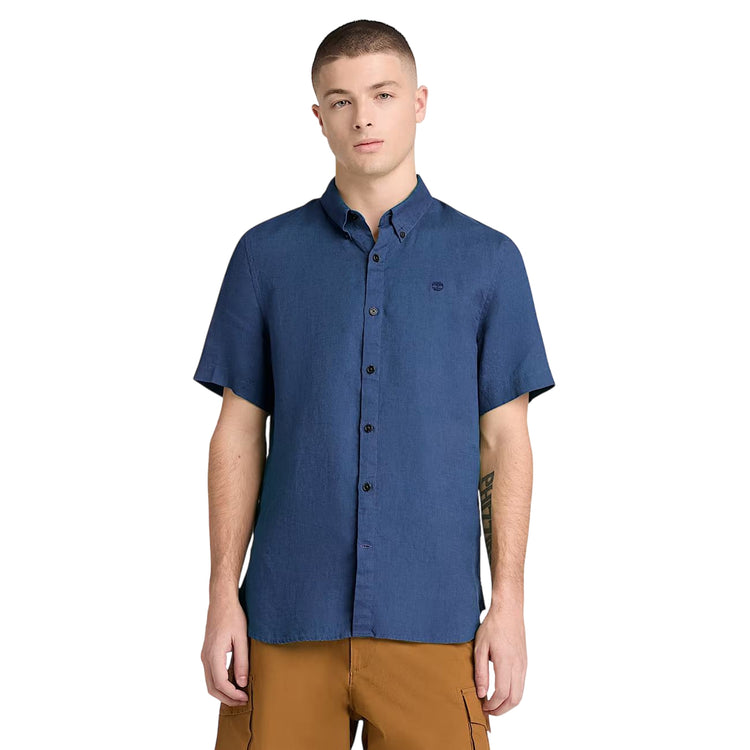 Camicia Uomo Mill Brook a manica corta in lino Blu modello frontale