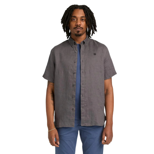 Camicia Uomo Mill Brook a manica corta in lino Grigio modello frontale