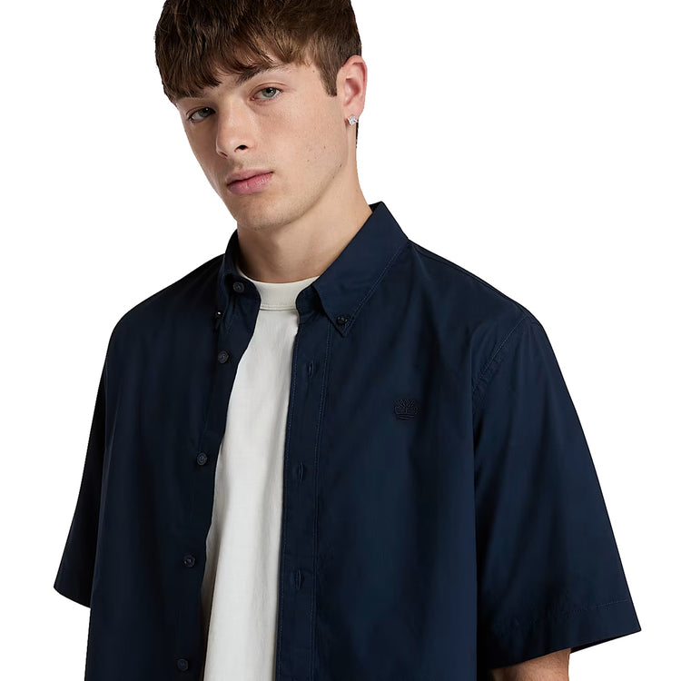 Camicia Uomo Maniche Corte in Popeline Elasticizzato Blu modello frontale ravvicinato