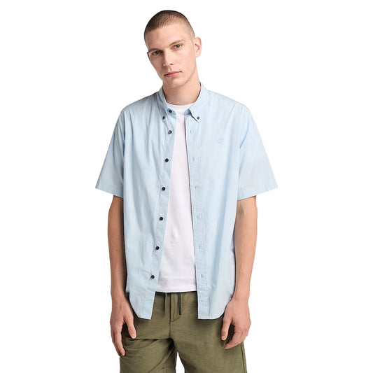 Camicia Uomo Maniche Corte in Popeline Elasticizzato Celeste modello frontale