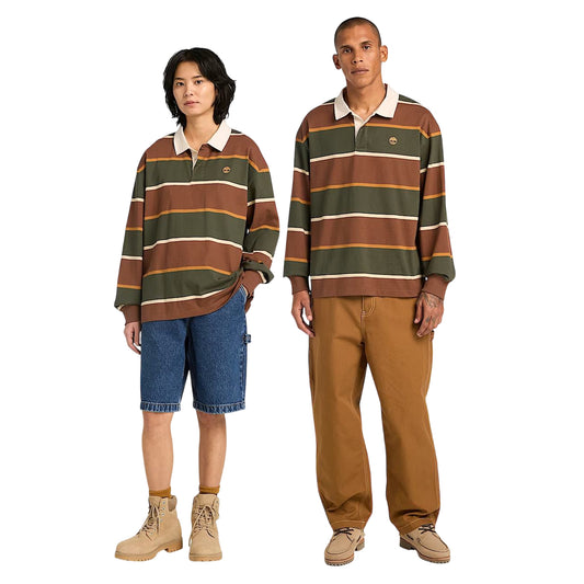 Polo a righe unisex verde scuro e marrone scuro