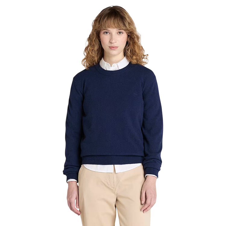 Maglione Donna Girocollo in lana merino Blu modella frontale