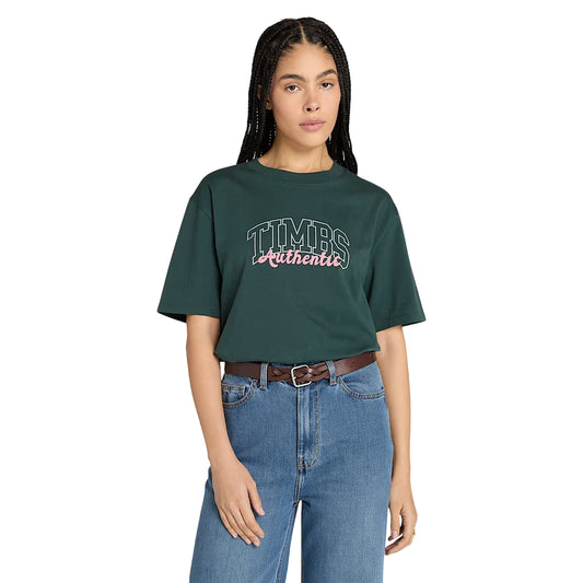 T-shirt Donna con grafica varsity Verde scuro modella frontale