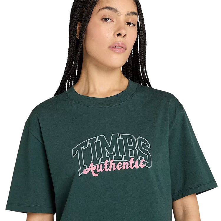 T-shirt Donna con grafica varsity Verde scuro modella frontale ravvicinata