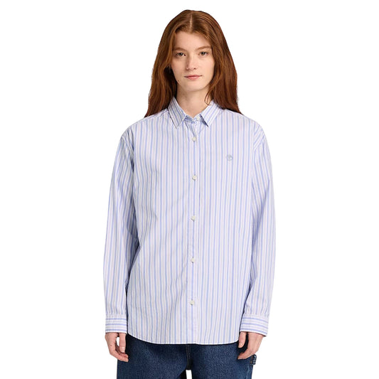 Camicia in cotone multirighe azzurra e bianca con logo ricamato