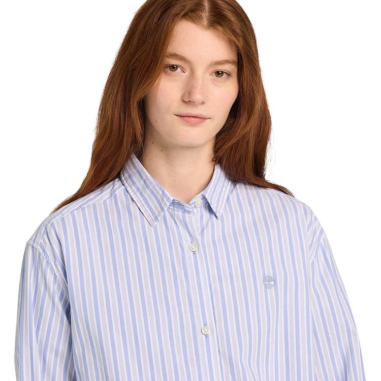 Camicia in cotone multirighe azzurra e bianca con logo ricamato