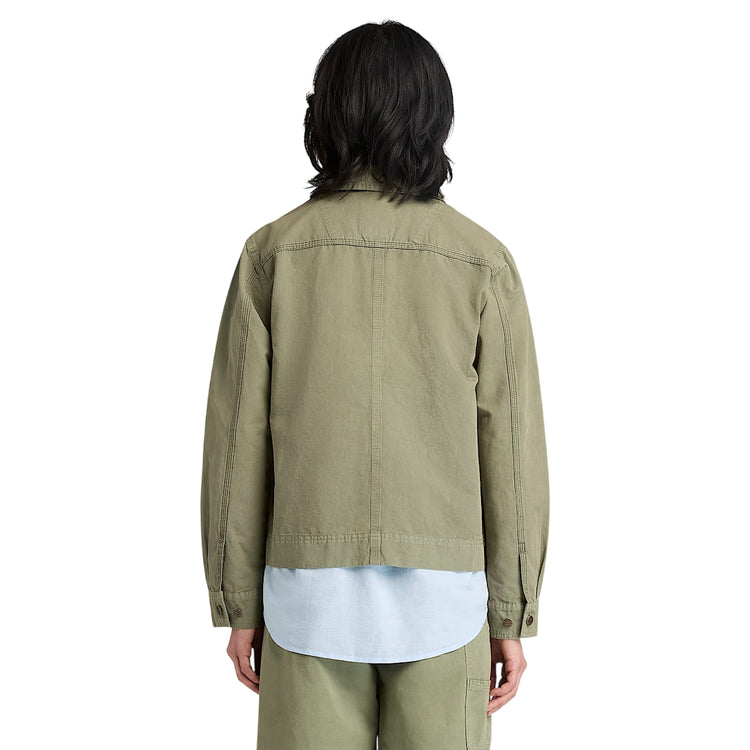 Giacca Utility Donna in cotone e lino Verde modella retro