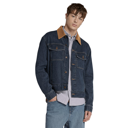 Giacca Uomo in denim con colletto in velluto modello frontale