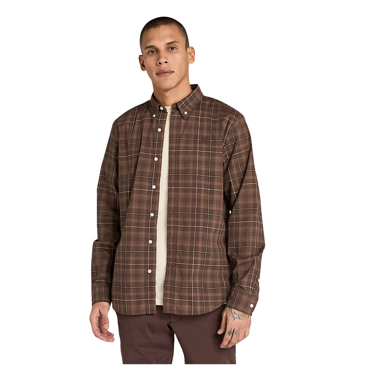 Camicia Uomo elasticizzata a quadri Marrone modello frontale