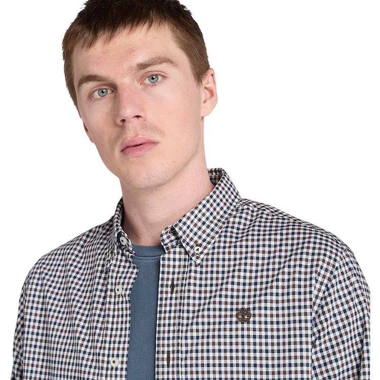 Camicia Uomo a quadretti in popeline marrone modello frontale ravvicinato