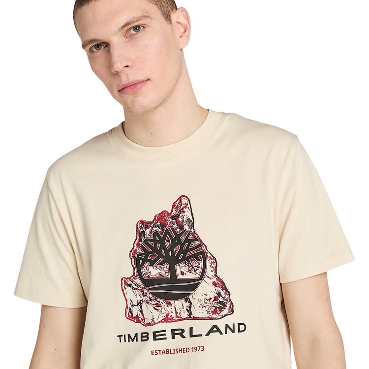 T-shirt Uomo con grafica stagionale e logo albero Beige modello frontale ravvicinato