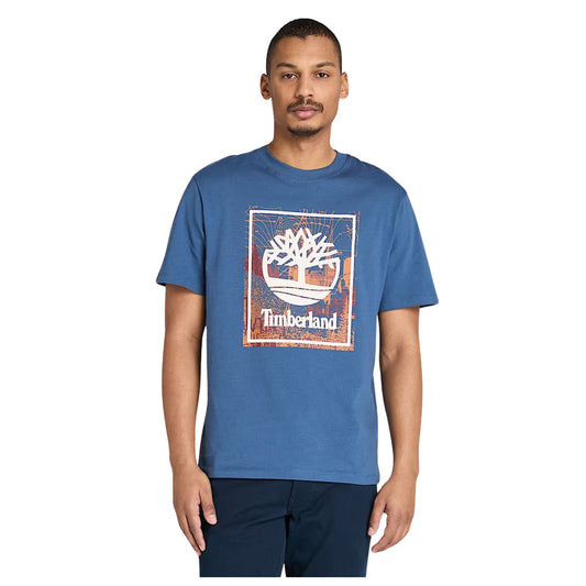 T-shirt Uomo Blu con logo grafico stagionale effetto multistrato modello frontale